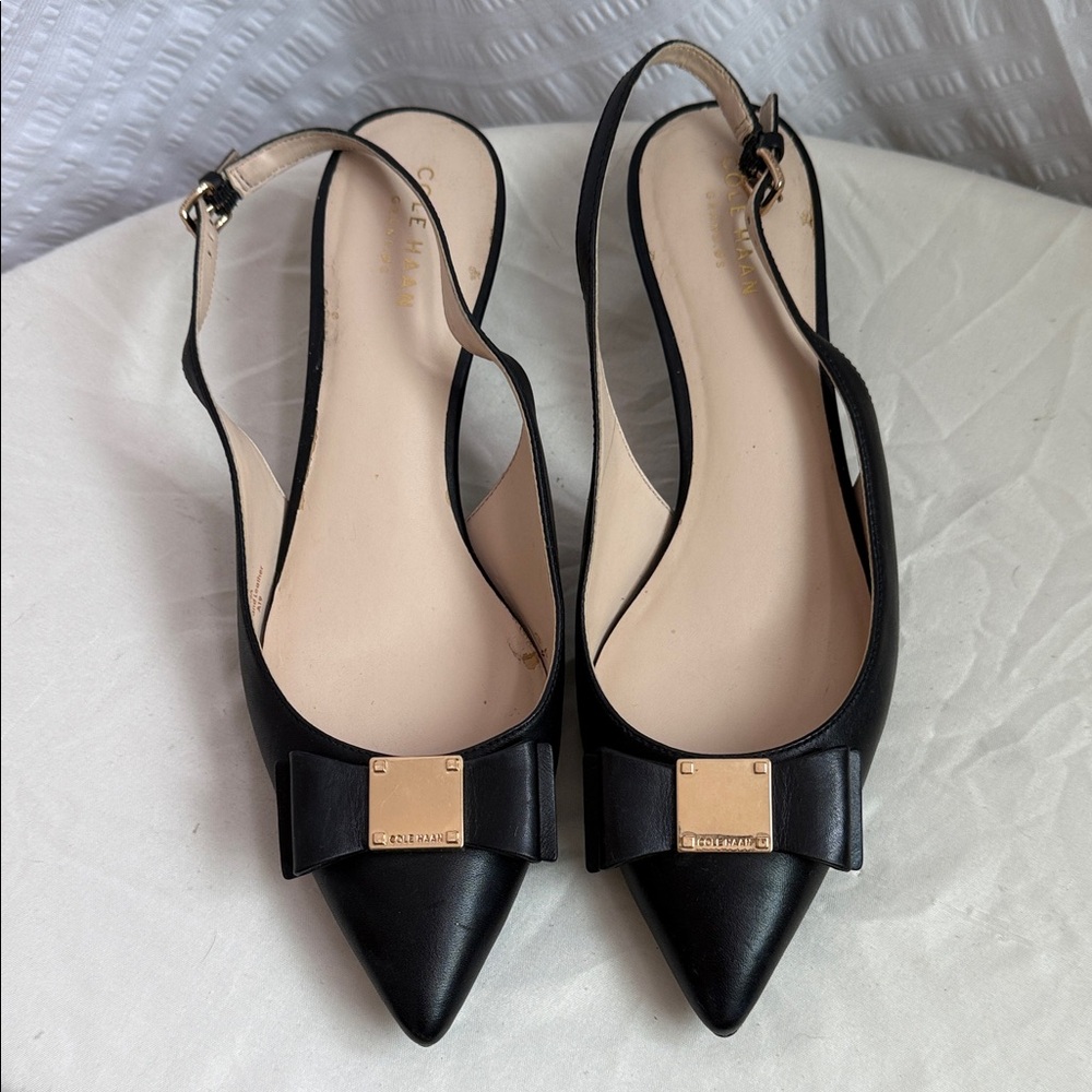 Cole Haan Black Slingback Heels with Gold Bow